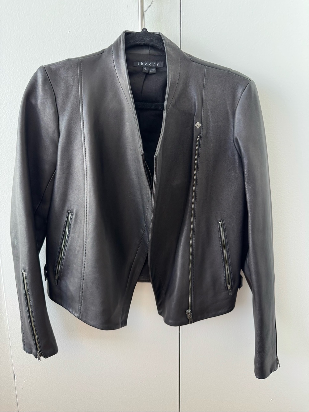 Theory Black Leather Asymmetrical Zip Jacket
